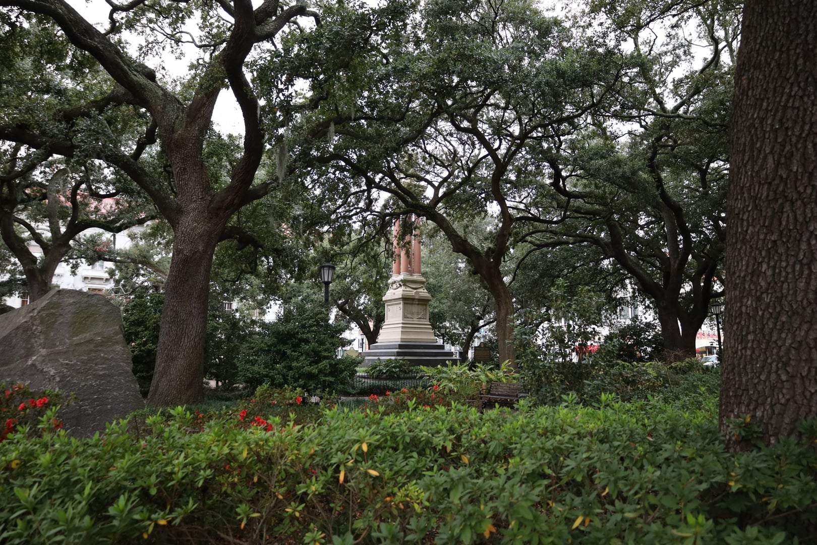 Wright Square historic public square with monument and oak trees in Savannah, Georgia