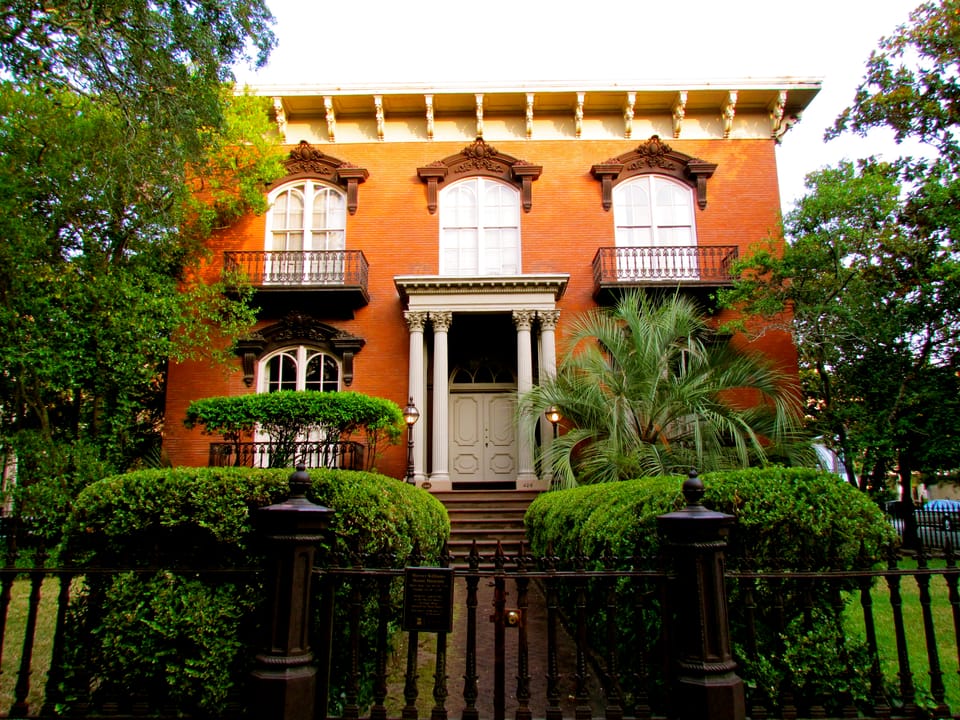 The Mercer-Williams House at 429 Bull Street in Savannah, Georgia, an 1860s Italianate mansion made famous by 'Midnight in the Garden of Good and Evil.'
