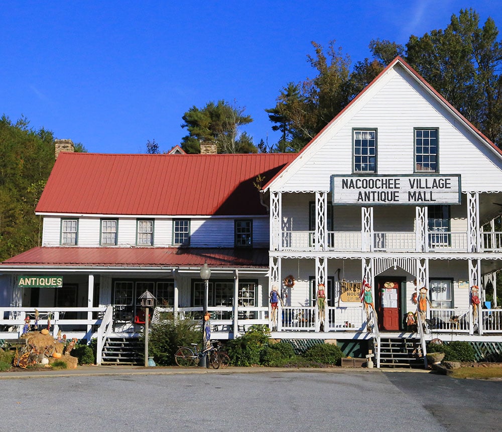 Exterior of the 1876 Martin House housing the Nacoochee Village Antique Mall in Helen, Georgia
