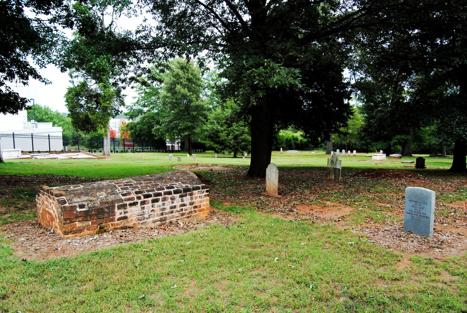 Northeast view of the historic Jackson Street Cemetery (Old Athens Cemetery) on the University of Georgia's North Campus in Athens, Georgia.