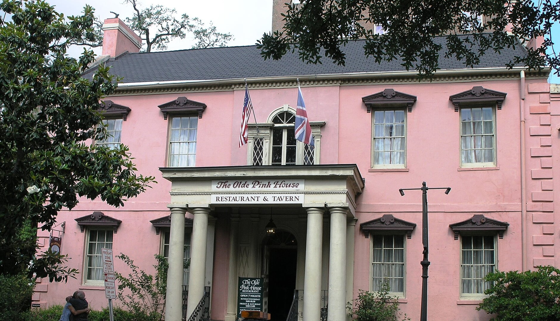 The Olde Pink House, the 1789 Georgian Habersham mansion on Reynolds Square in Savannah, Georgia, showing its distinctive pink stucco facade.