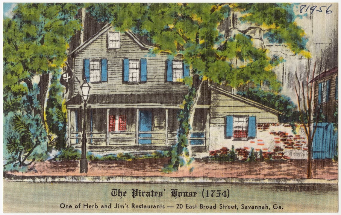 A mid-20th-century linen postcard of the Pirates' House, captioned with its 20 East Broad Street address.