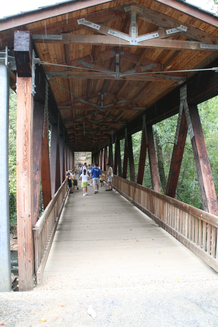 Covered bridge at the Roswell Mill Ruins connecting to the Vickery Creek unit of the Chattahoochee River National Recreation Area