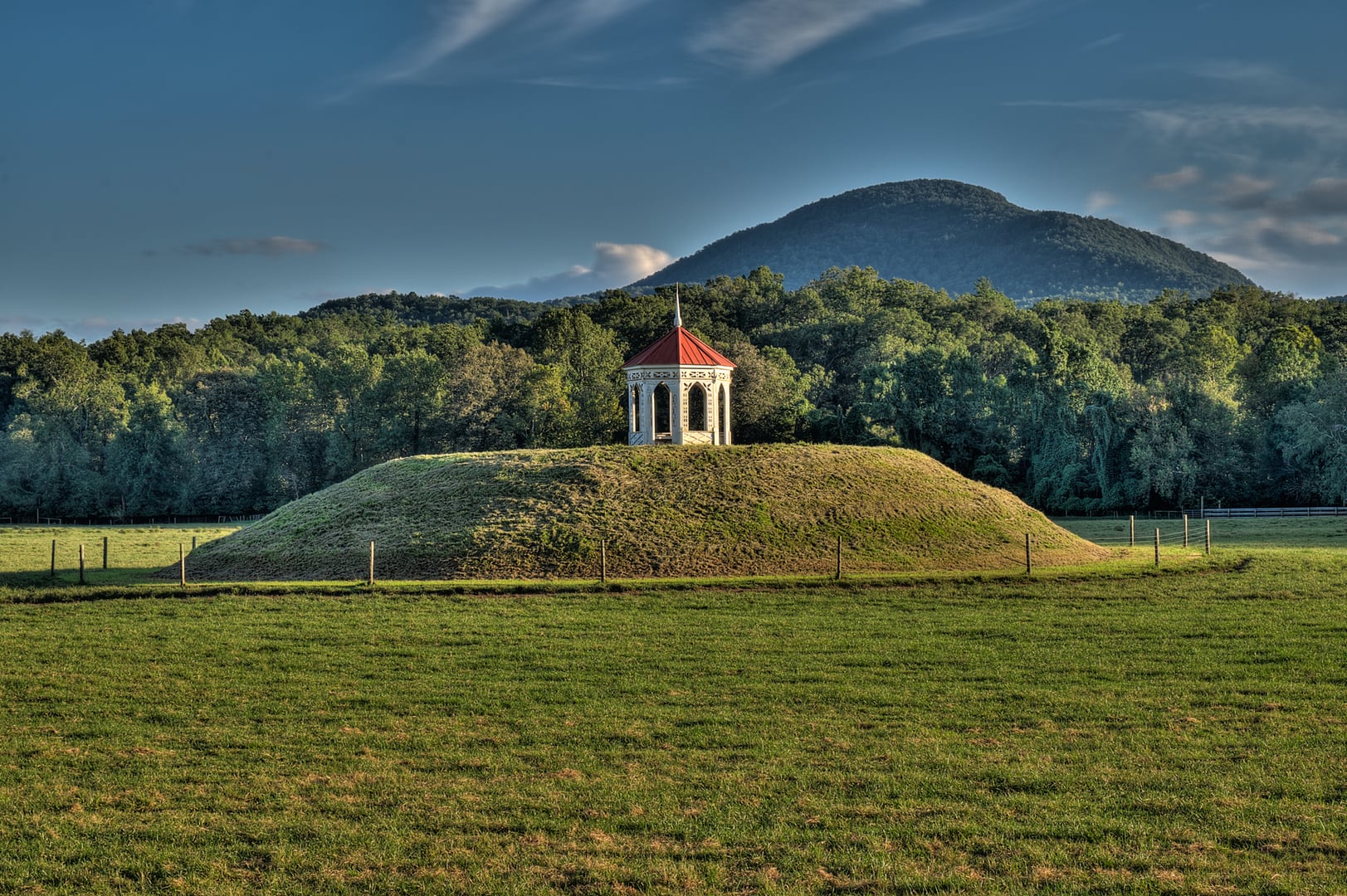 The Nacoochee Mound platform earthwork topped by a gazebo, on the Hardman Farm site in White County, Georgia