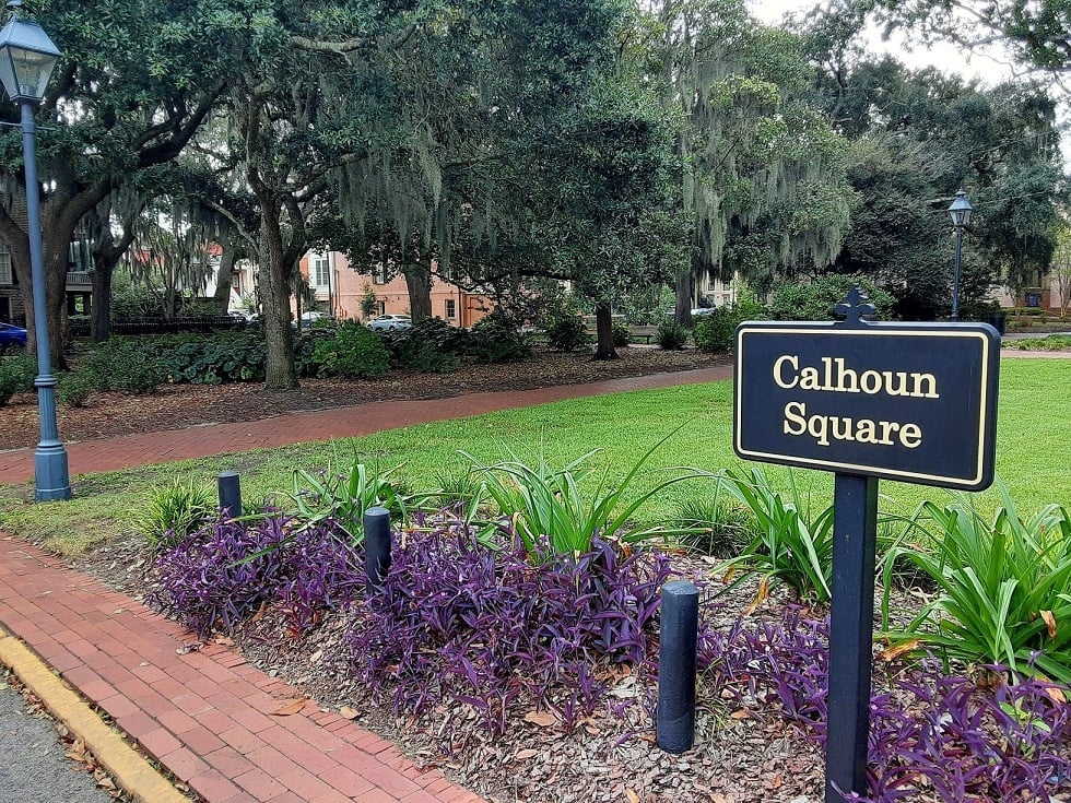 Taylor Square (formerly Calhoun Square) in the Savannah Historic District, with live oaks and surrounding 19th-century residences.