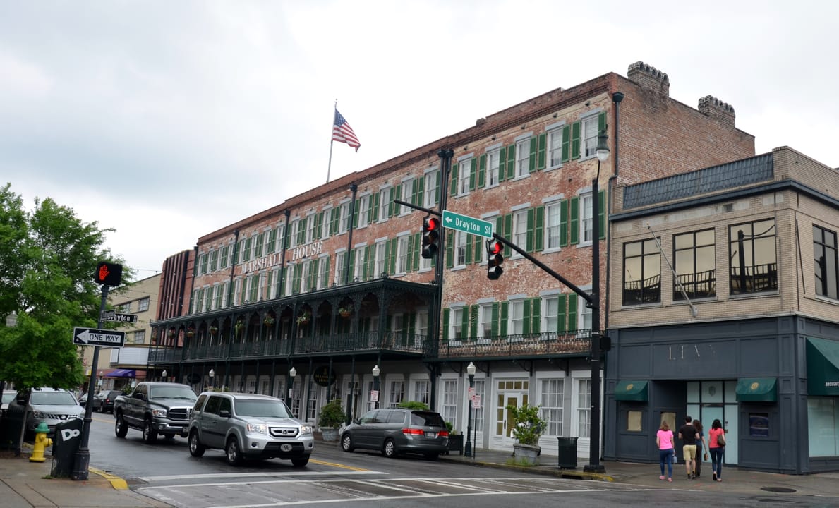 The Marshall House seen from across the East Broughton Street corner, Savannah, Georgia, 2015.