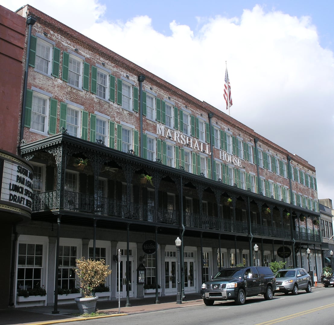 The Marshall House in Savannah Georgia, historic 1851 hotel with iron balconies
