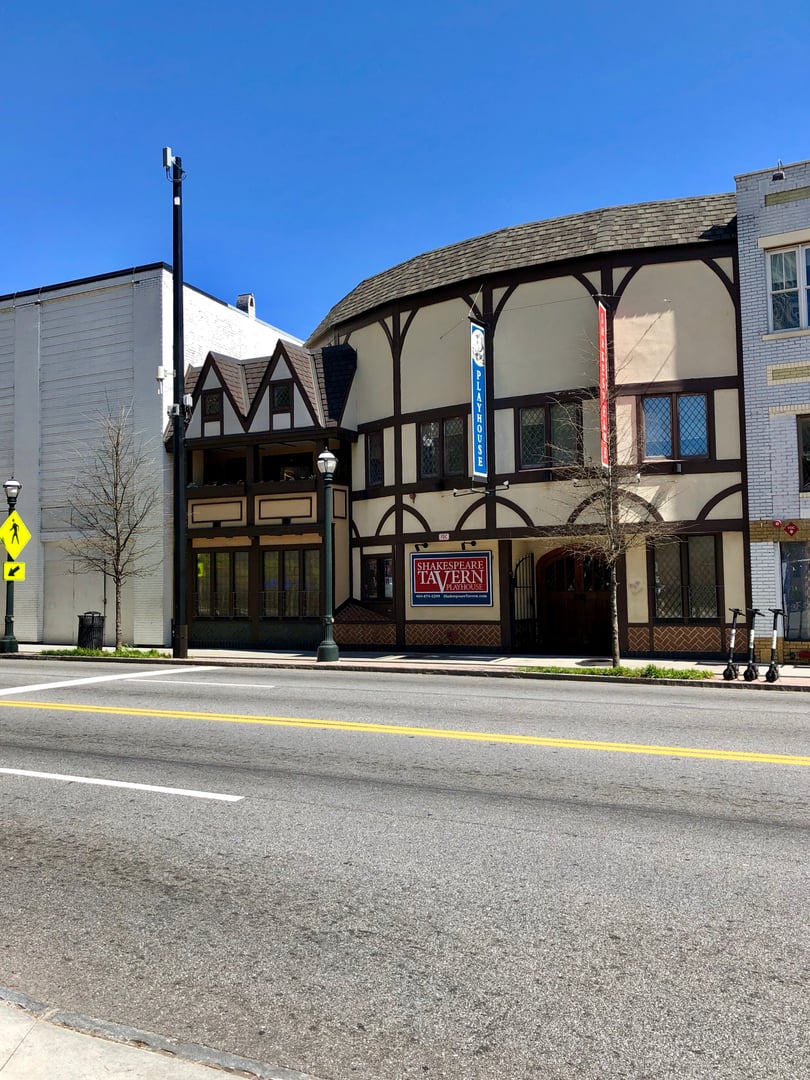 Globe-inspired facade of the Shakespeare Tavern Playhouse on Peachtree Street in downtown Atlanta