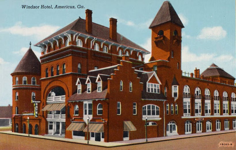 The Windsor Hotel five-story Queen Anne facade, historic 1892 hotel in Americus, Georgia