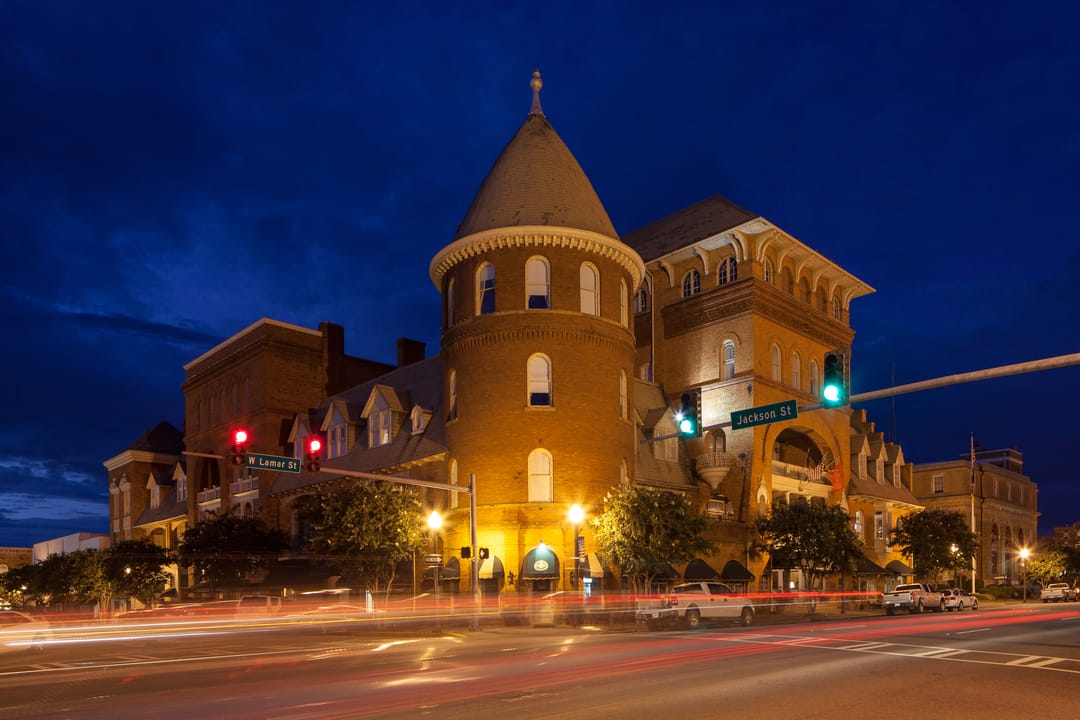 The Windsor Hotel illuminated at night, Americus, Georgia.