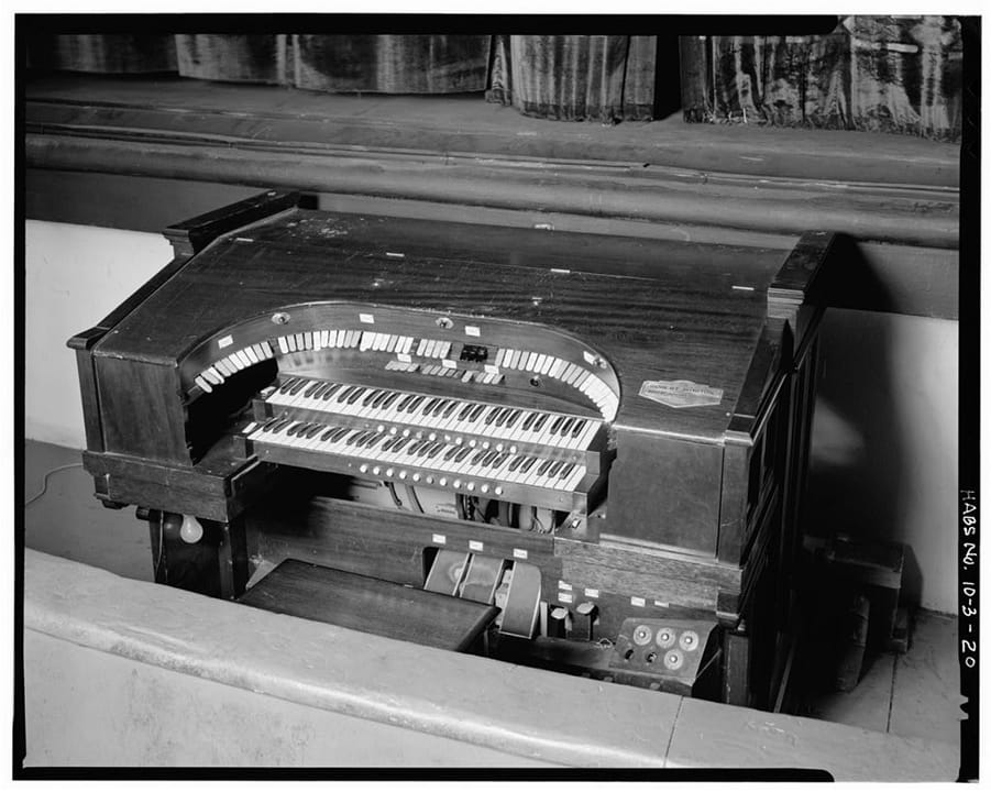 The theater's vintage pipe organ console inside the Egyptian Theatre, a distinctive detail from the HABS documentation.