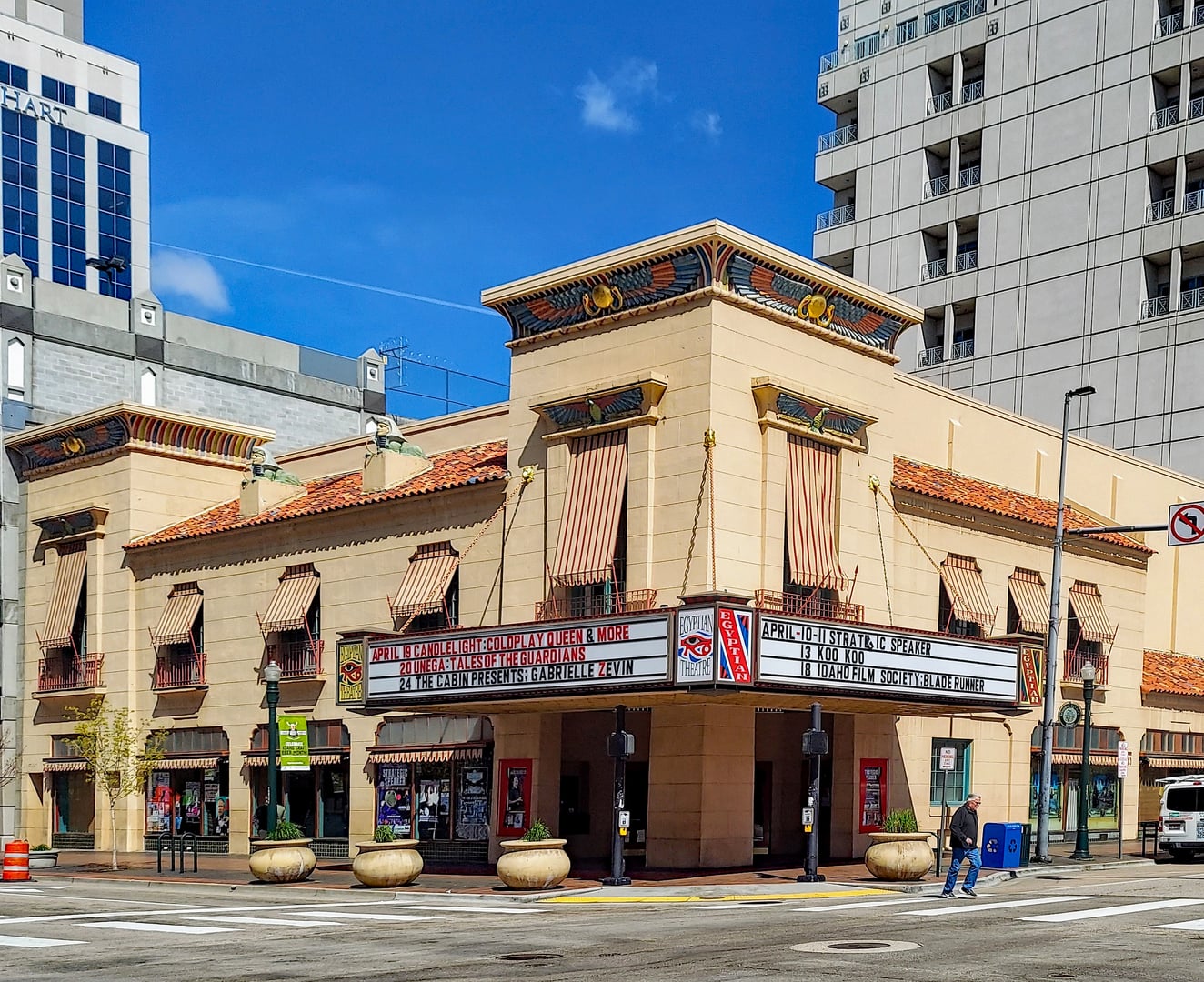 Egyptian Theatre marquee and Egyptian Revival facade on Main Street at Capitol Boulevard in downtown Boise, Idaho