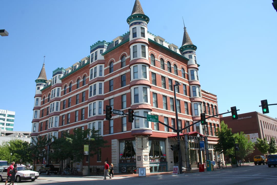 Idanha Hotel French-chateau facade with corner turrets at 10th and Main in downtown Boise, Idaho