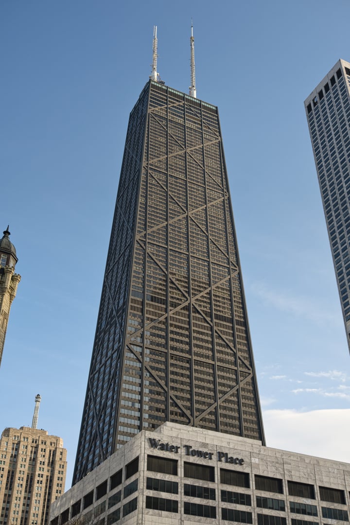 875 North Michigan Avenue (former John Hancock Center) photographed from street level in 2022 showing the full tower and X-bracing
