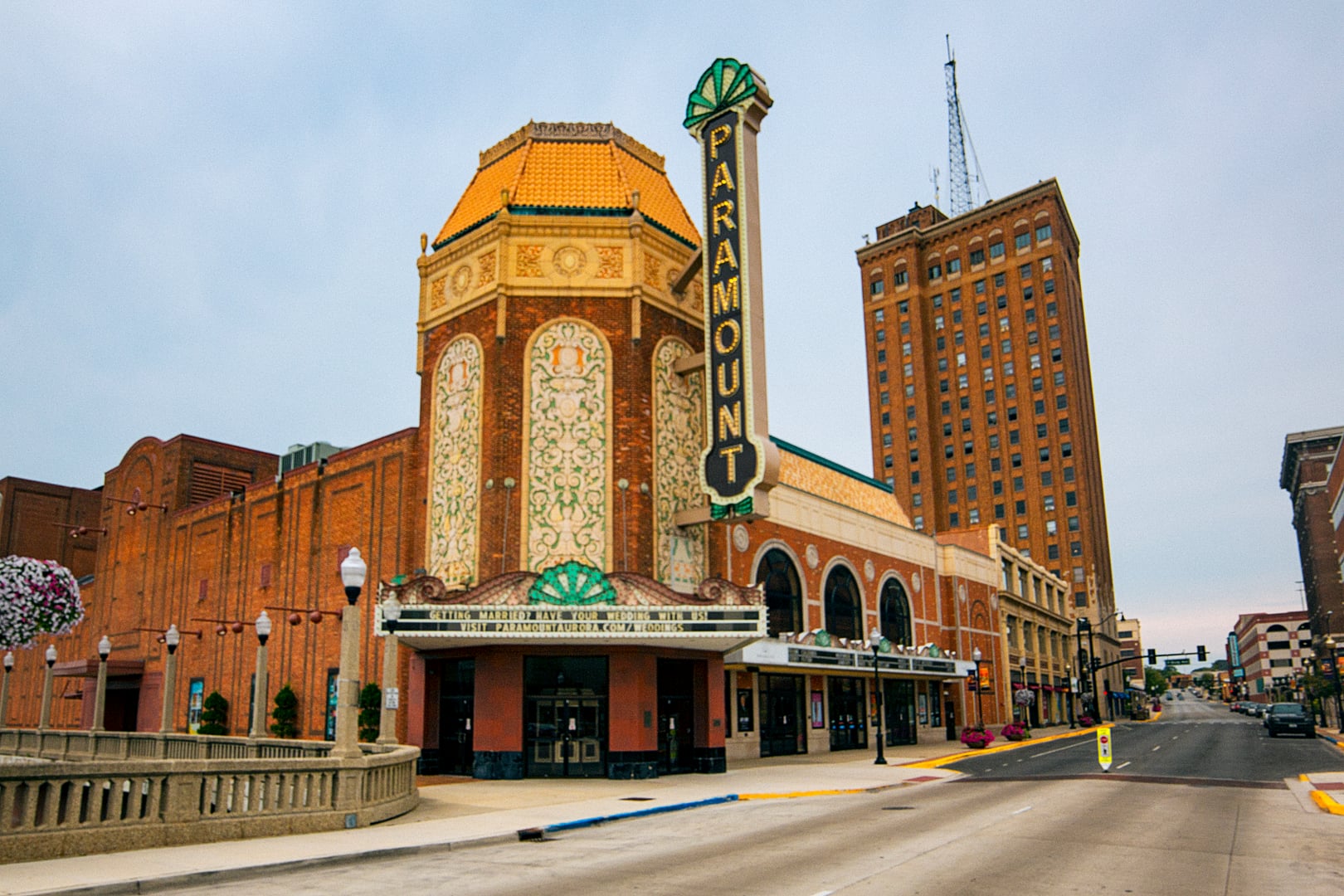 Exterior of the Paramount Theatre in downtown Aurora, Illinois, photographed in August 2017 showing the Art Deco facade