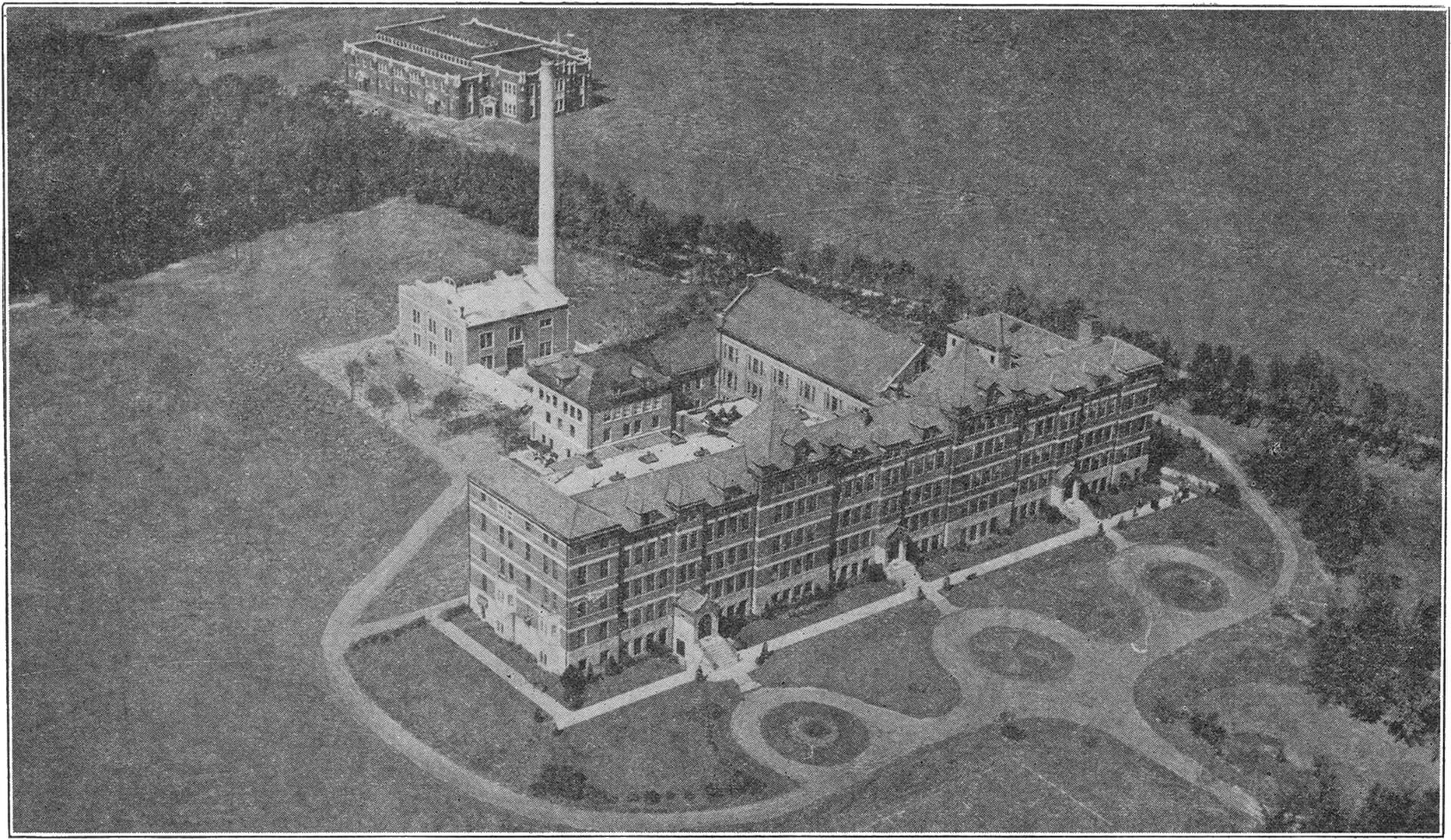 Aerial view of St Procopius College (now Benedictine University) campus in Lisle, Illinois, photographed in December 1926 showing the 108-acre campus grounds
