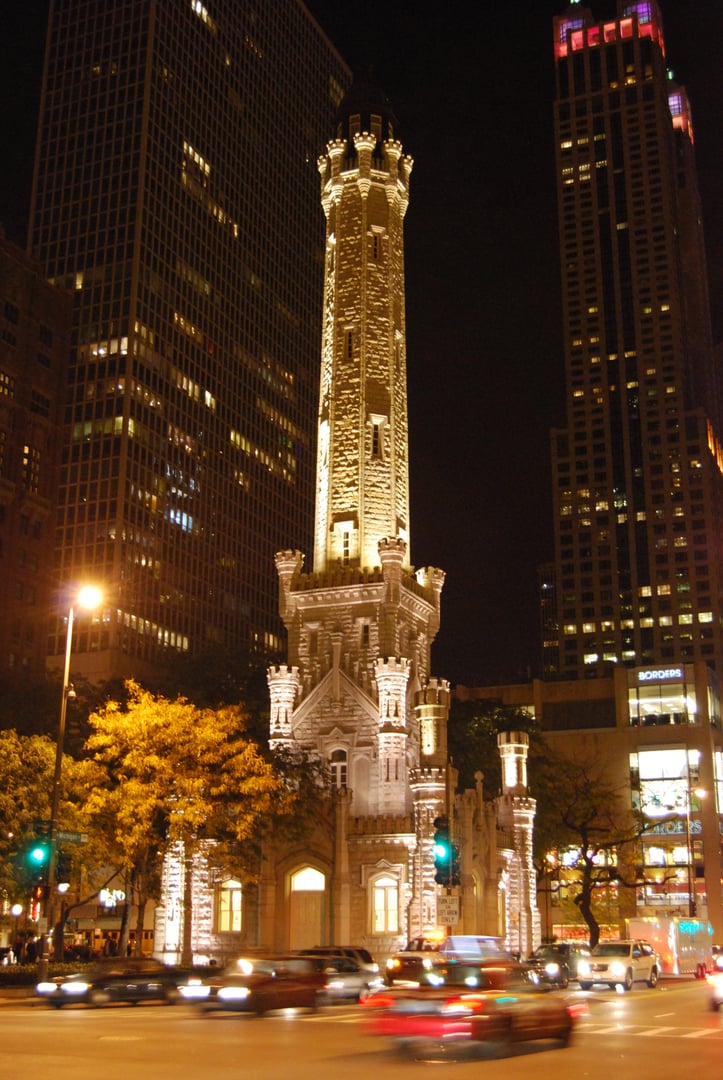 The Chicago Water Tower at night, the 1869 Lemont limestone Gothic Revival structure on Michigan Avenue