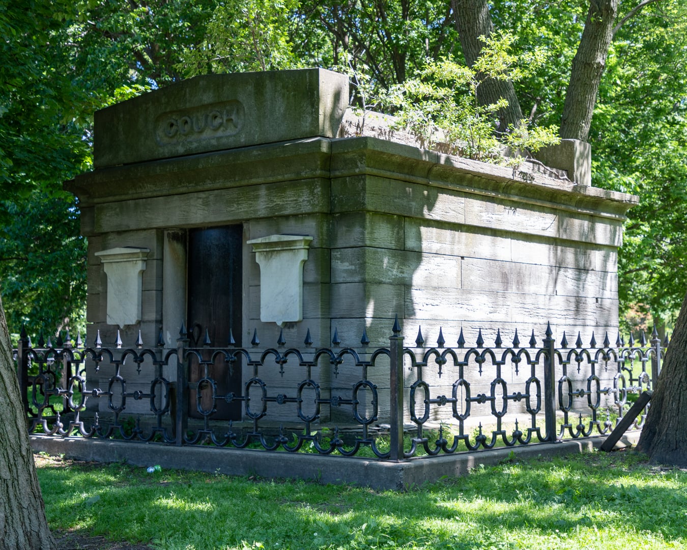 The Couch Mausoleum in Lincoln Park Chicago, a sealed 1858 granite vault that is the sole surviving structure from the original Chicago City Cemetery