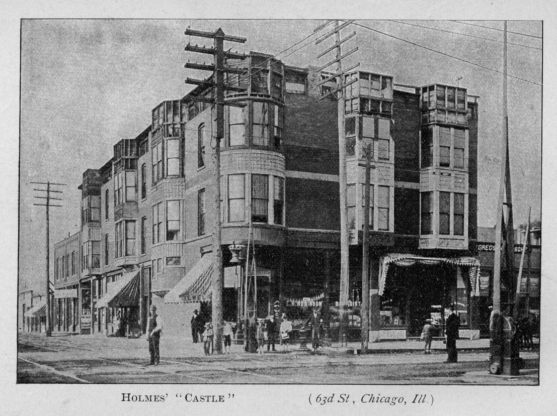 Historical photograph of H.H. Holmes's three-story building in Chicago's Englewood neighborhood, circa 1895