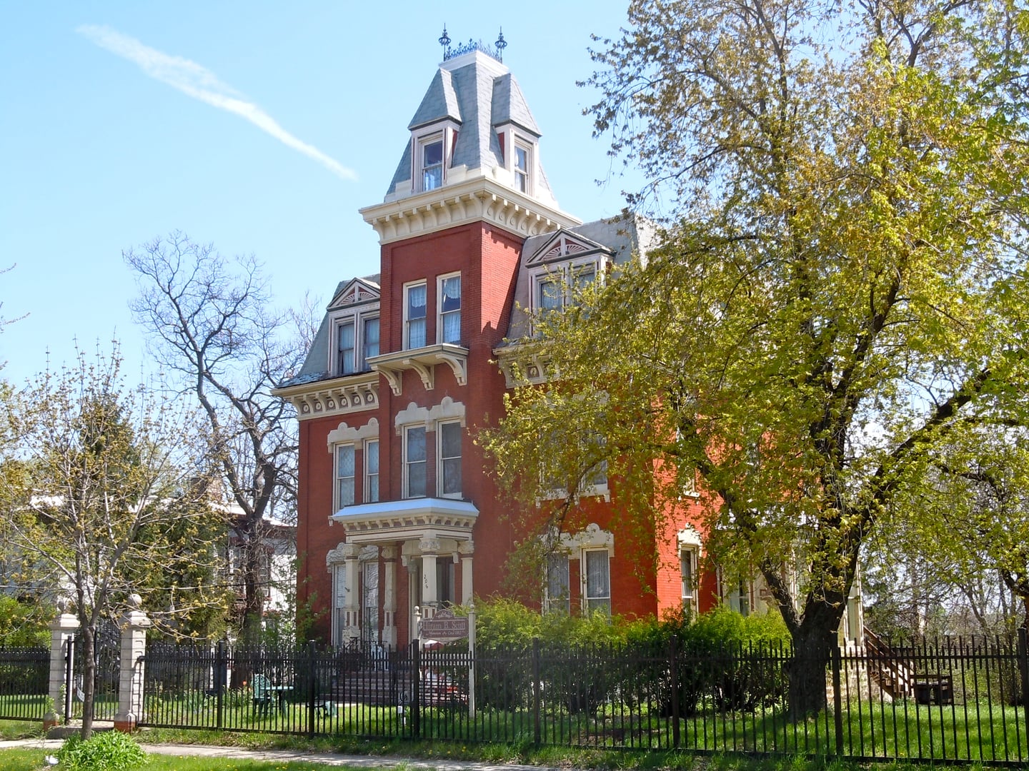 Exterior of Hiram B. Scutt Mansion at 206 N. Broadway, Joliet, Illinois, photographed in 2011 showing Second Empire Victorian facade