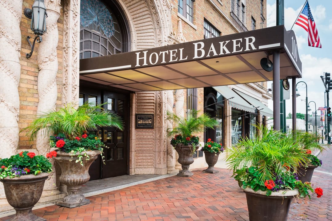 Exterior of the 1928 Hotel Baker, a Spanish-Moroccan hotel on Main Street in St. Charles, Illinois