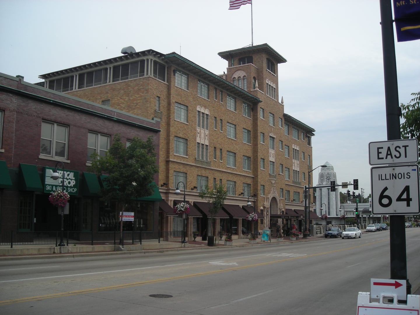 Exterior of the 1928 Hotel Baker, a Spanish-Moroccan hotel on Main Street in St. Charles, Illinois