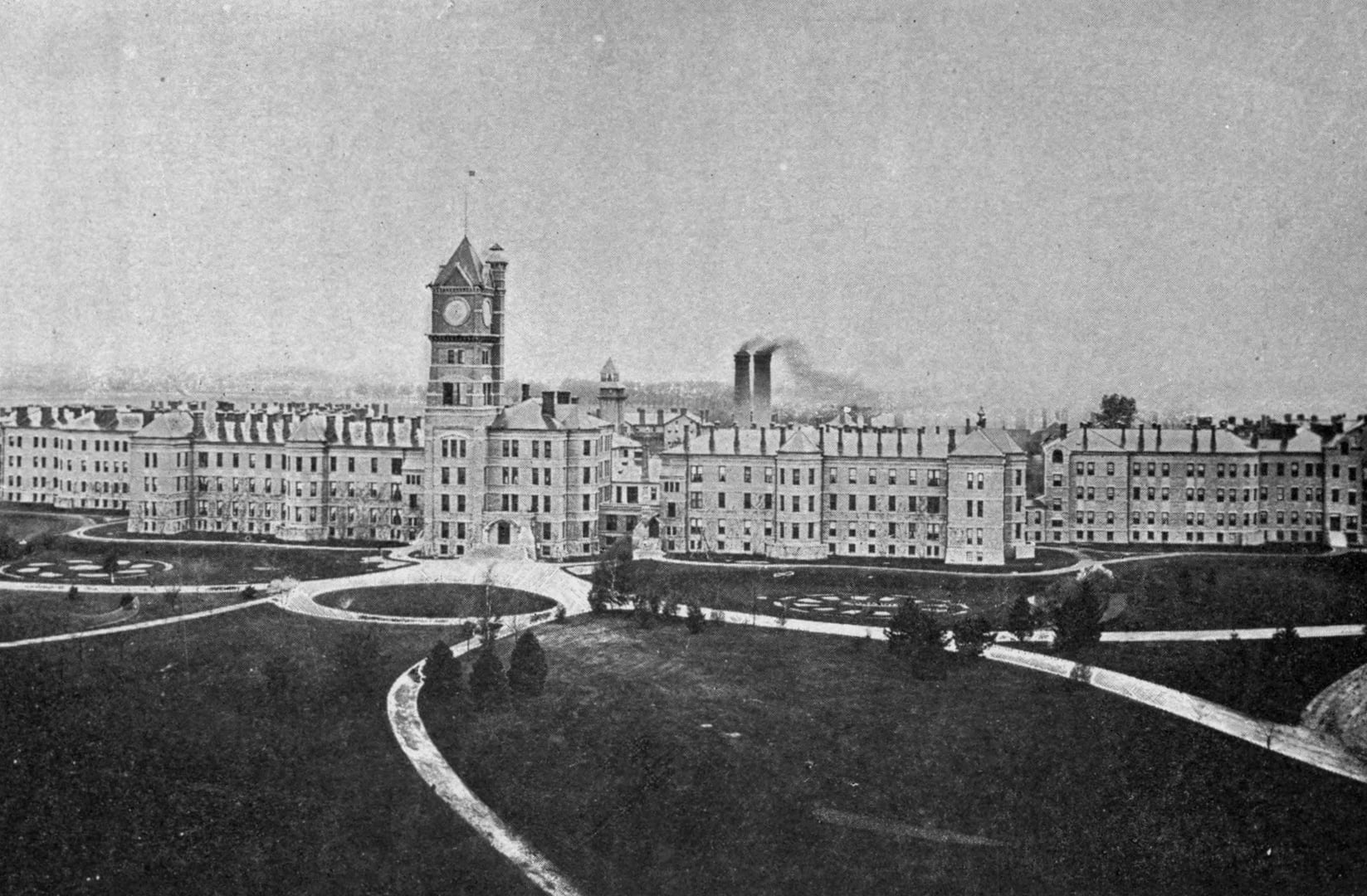 Historic view of the Kankakee State Hospital Romanesque Revival main building, Illinois