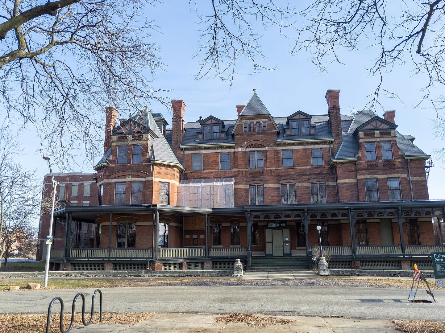 Exterior view of the historic Pullman National Monument factory and worker housing district in Chicago, Illinois