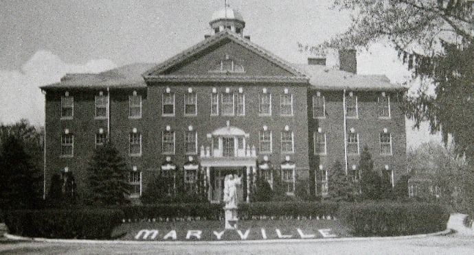 Historic black-and-white photograph of the original Maryville Academy building (formerly St. Mary's Training School for Boys) in Des Plaines, Illinois, taken circa 1951.