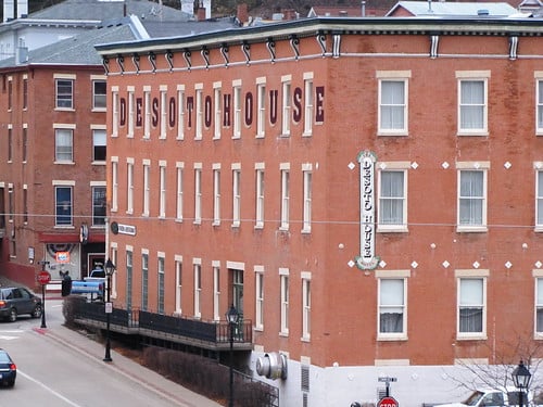 The 1855 DeSoto House Hotel facade on Galena's Main Street, where the Murder & Mayhem indoor show is staged