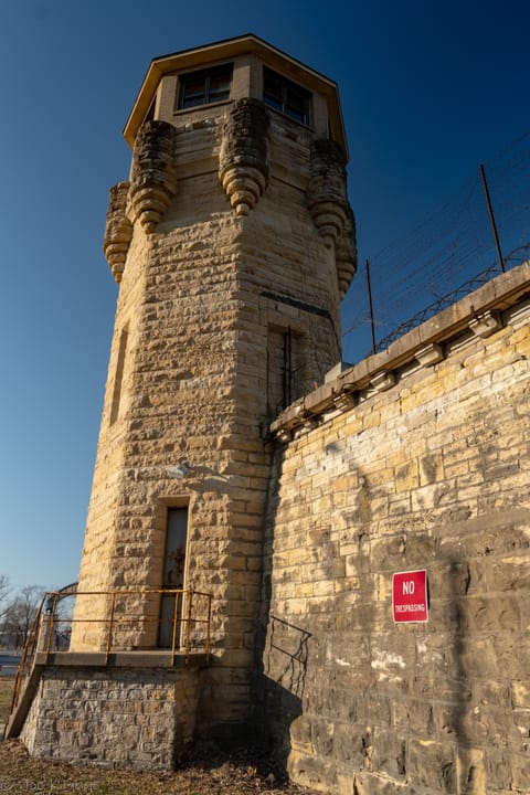 A corner guard tower on Old Joliet Prison's perimeter wall, Joliet, Illinois.