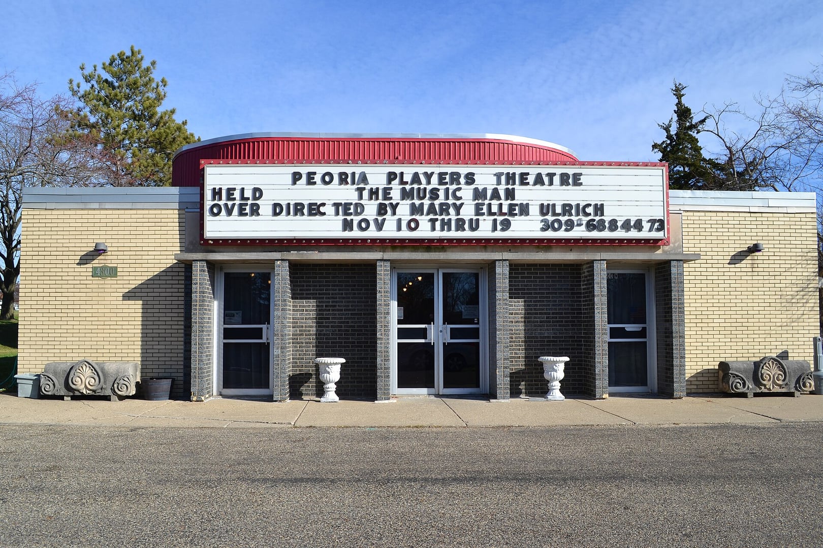 Peoria Players Theatre building exterior on North University Street in Peoria, Illinois, photographed November 2023