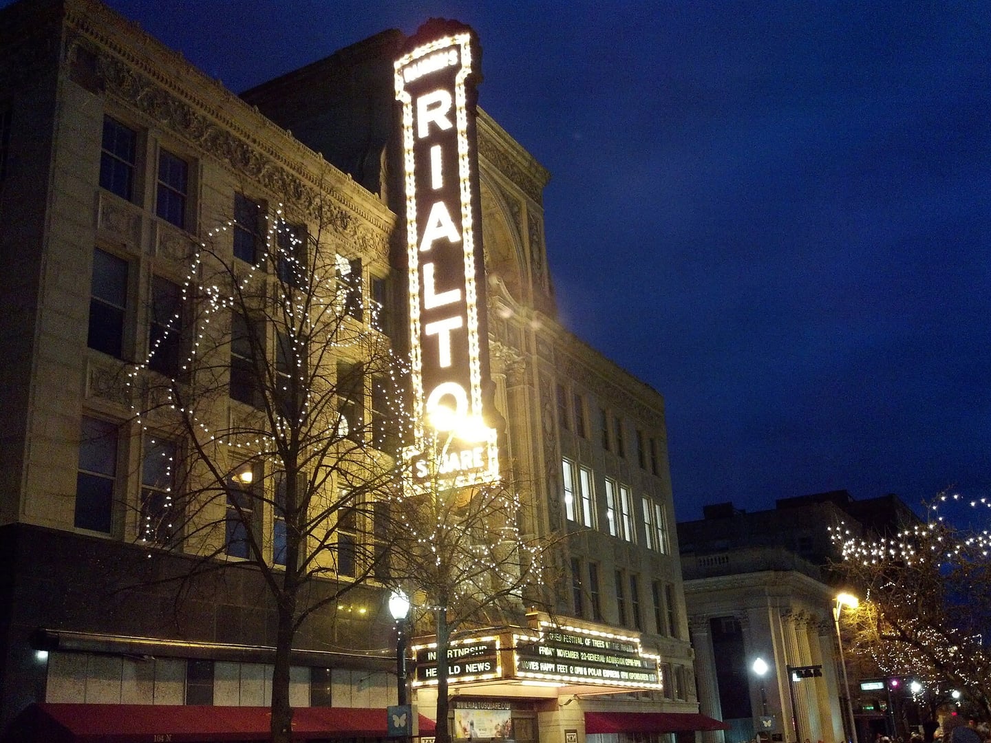 Illuminated facade of the Rialto Square Theatre on North Chicago Street in downtown Joliet, Illinois, a 1926 Neo-Baroque movie palace