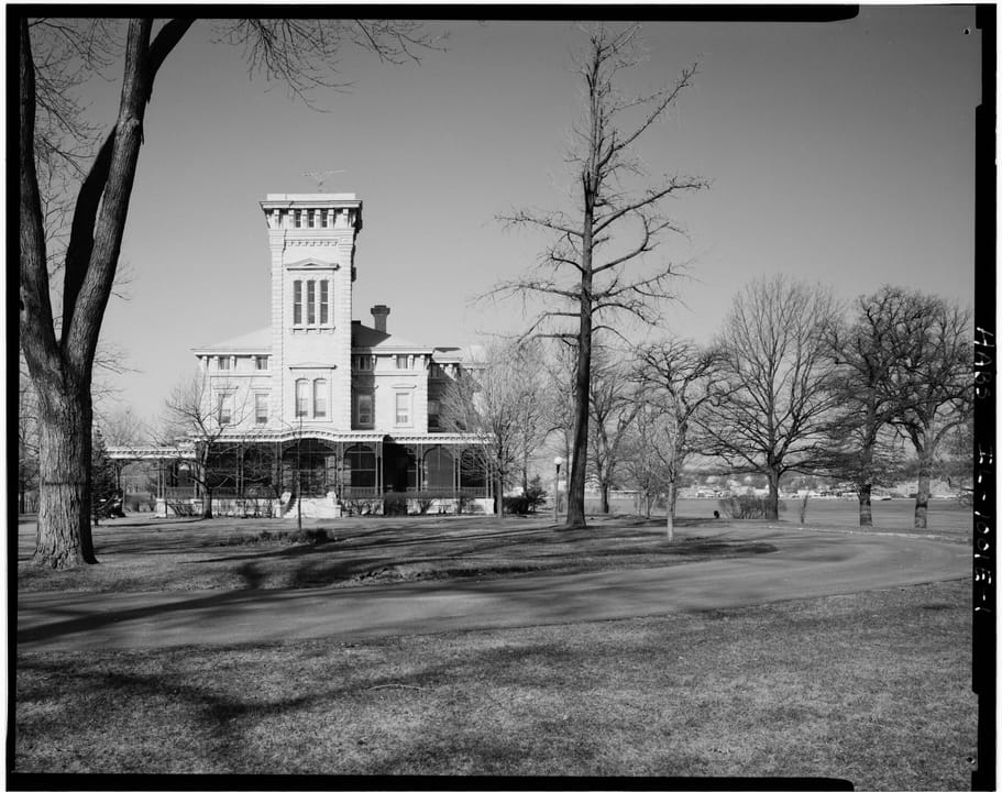 Quarters One at Rock Island Arsenal, a large three-story Victorian brick mansion on Arsenal Island in the Mississippi River