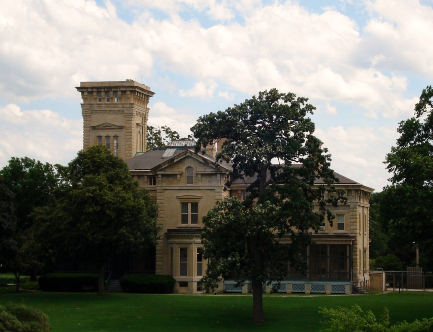 Quarters One at Rock Island Arsenal, a large three-story Victorian brick mansion on Arsenal Island in the Mississippi River