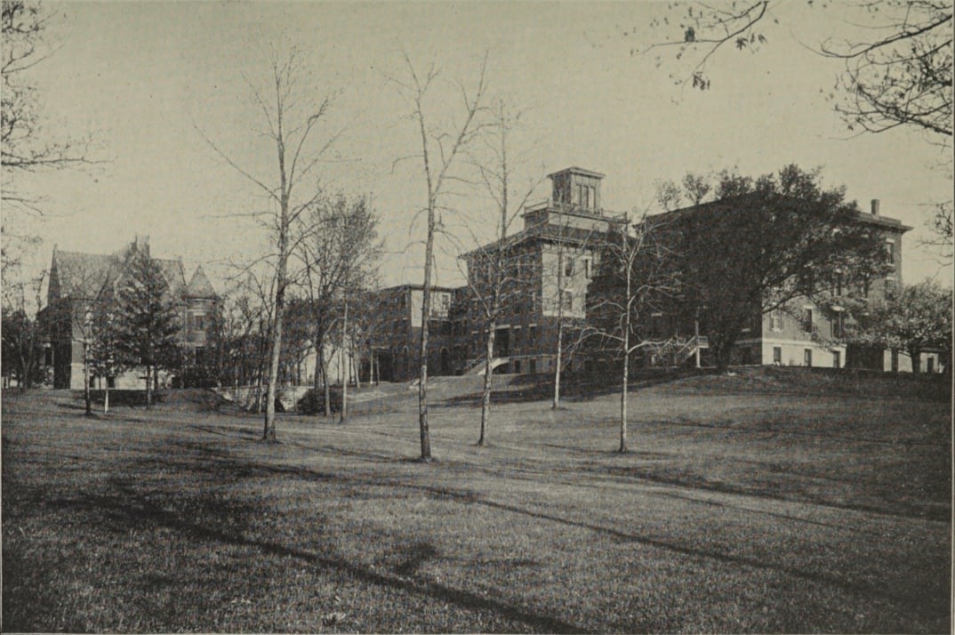 Historic 1904 view of Rockford College grounds with Adams Hall and Linden Hall in Rockford Illinois