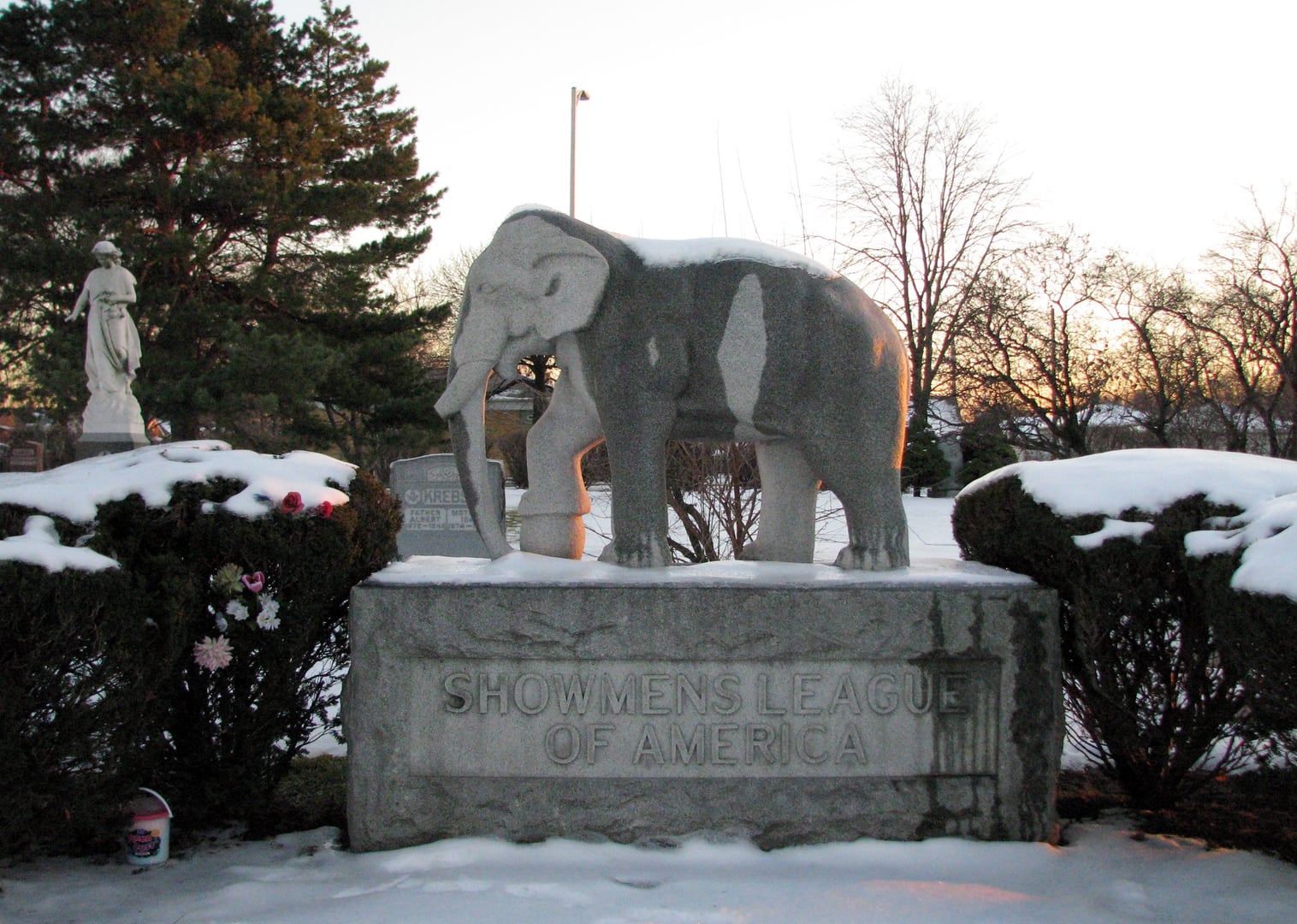 One of the five mourning-elephant statues marking Showmen's Rest at Woodlawn Cemetery, Forest Park, Illinois
