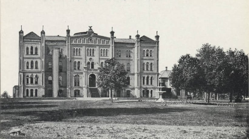The main building of the Illinois Soldiers' Orphans' Home (later Soldiers' and Sailors' Children's School) in Normal, Illinois, photographed circa 1908, the Victorian Romanesque structure razed in 1961.