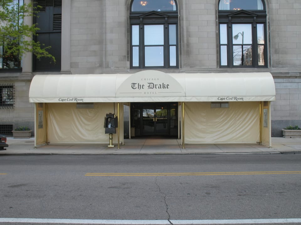 The Drake Hotel entrance on East Walton Place in Chicago's Gold Coast neighborhood