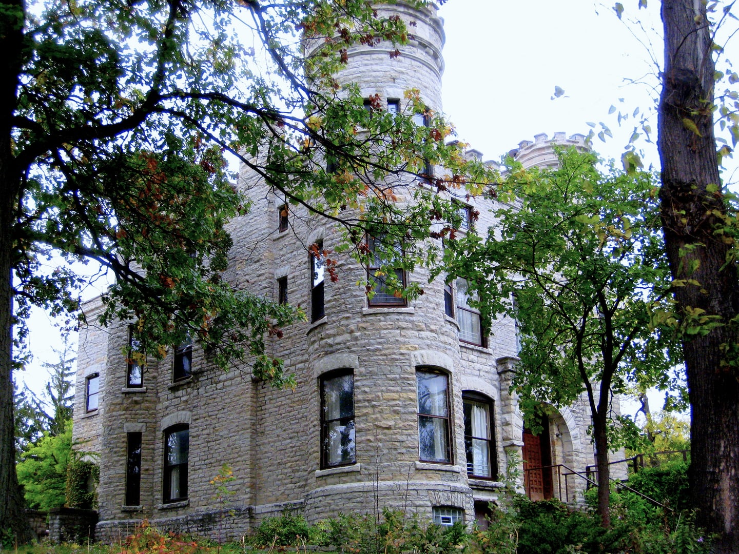 The crenellated limestone towers of the 1886 Givins Beverly Castle on Longwood Drive in Chicago's Beverly neighborhood.