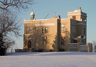 Moorish Revival facade of Villa Kathrine with minaret tower overlooking the Mississippi River in Quincy, Illinois