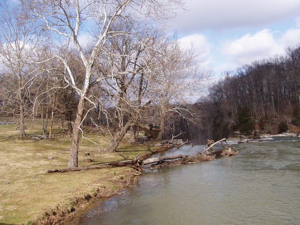 Mill Creek, looking south from Cataract Falls Covered Bridge to the lip of Cataract Falls.