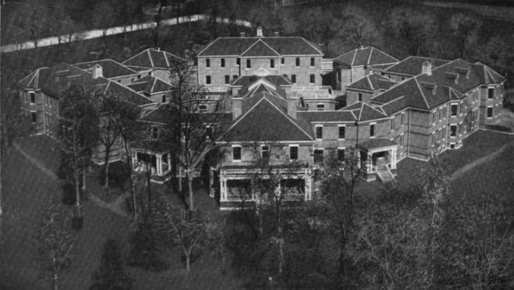 Illustration of the Central Indiana Hospital for the Insane, Indianapolis, from the 1903 Legislative and State Manual of Indiana (page 344).