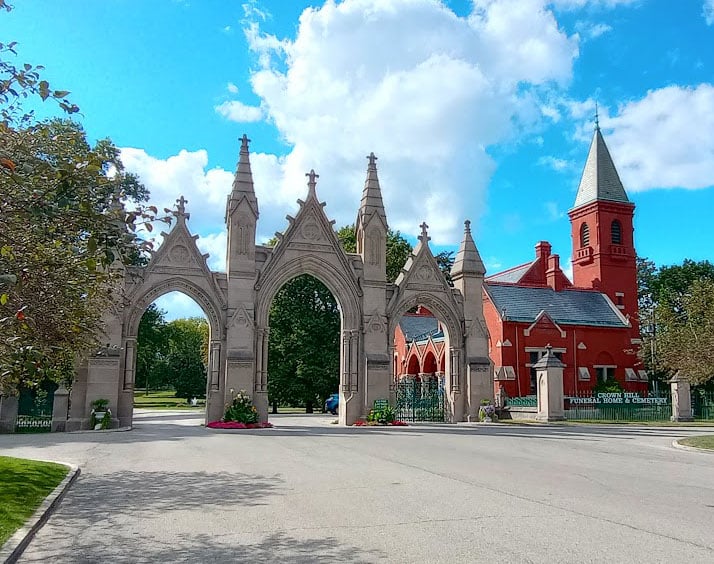 Crown Hill Cemetery entrance gateway on 38th Street in Indianapolis, Indiana, one of the United States' largest non-governmental cemeteries