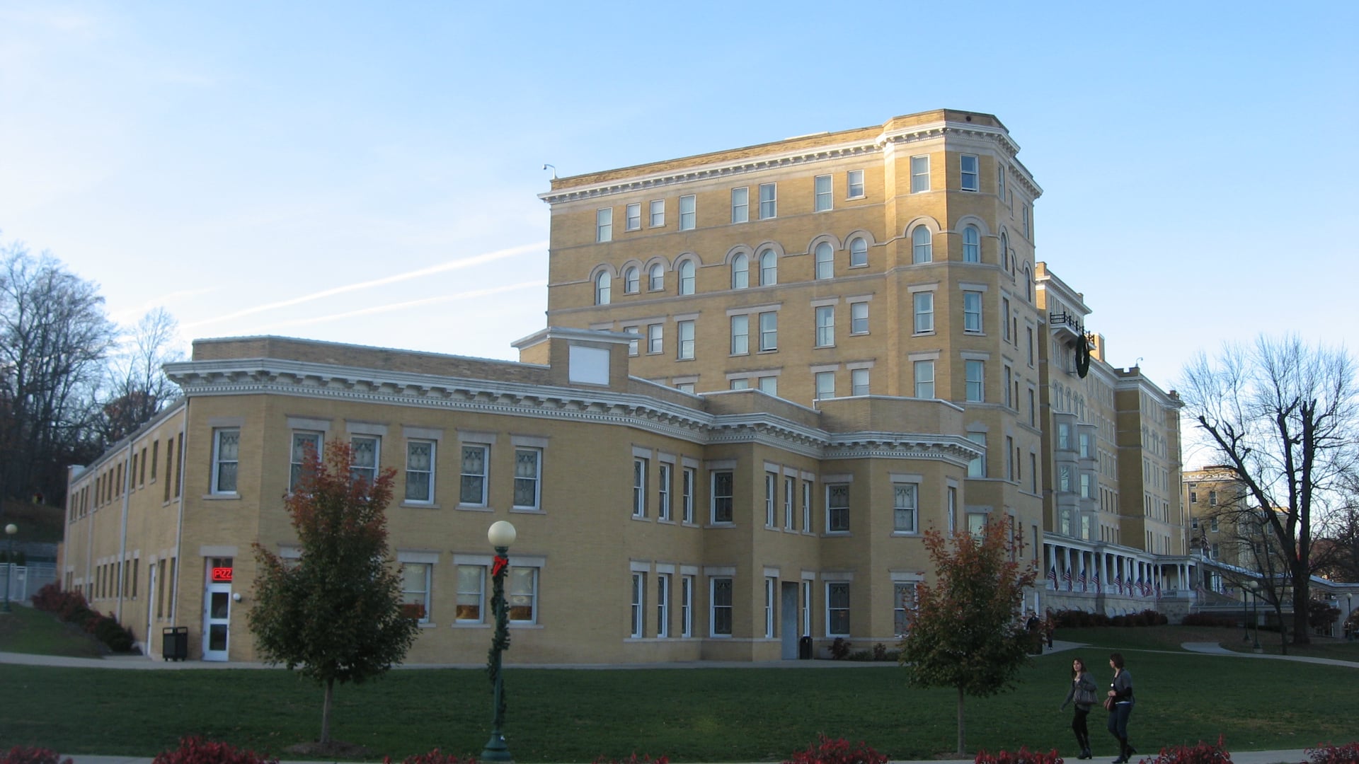 The buff-brick facade of French Lick Springs Hotel in French Lick, Indiana