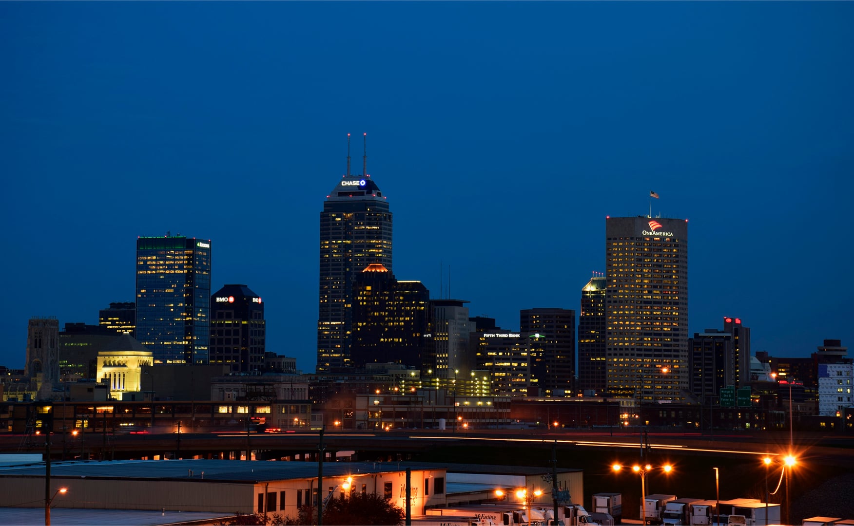 Downtown Indianapolis skyline at night looking south-southeast, the urban backdrop for Ghost City Tours' walking program of haunted Indy landmarks