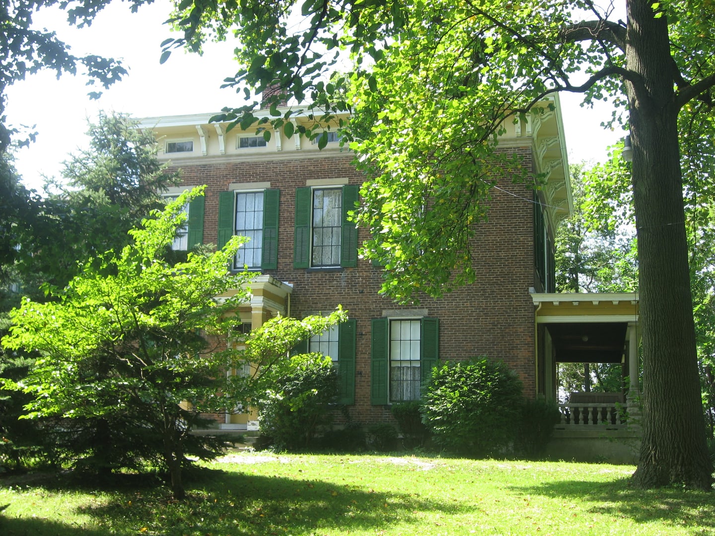 Northern facade of the Hannah House, an 1858 Italianate brick mansion at 3801 Madison Avenue in Indianapolis, Indiana