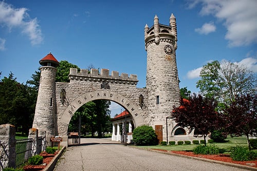 Entrance gateway of Highland Lawn Cemetery in Terre Haute, Indiana