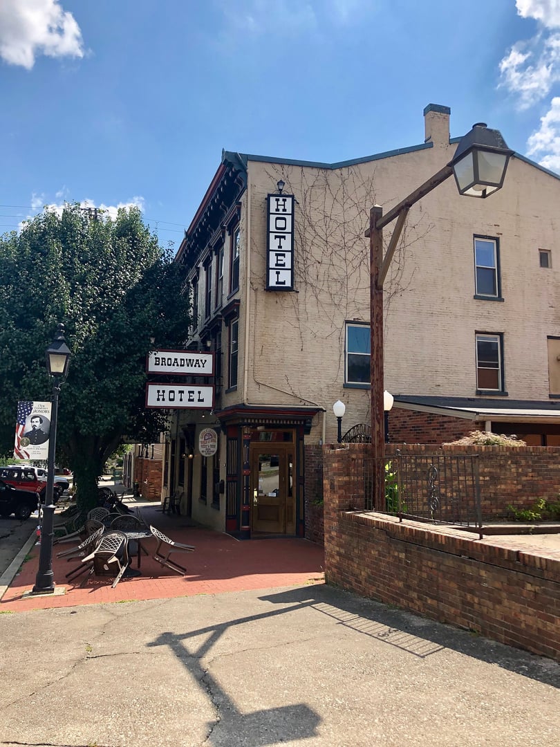 Broadway Hotel and Tavern, a two-story Federal-style 1834 brick hotel and Indiana's oldest tavern, at 313 Broadway Street in the Madison Historic District, Madison, Indiana