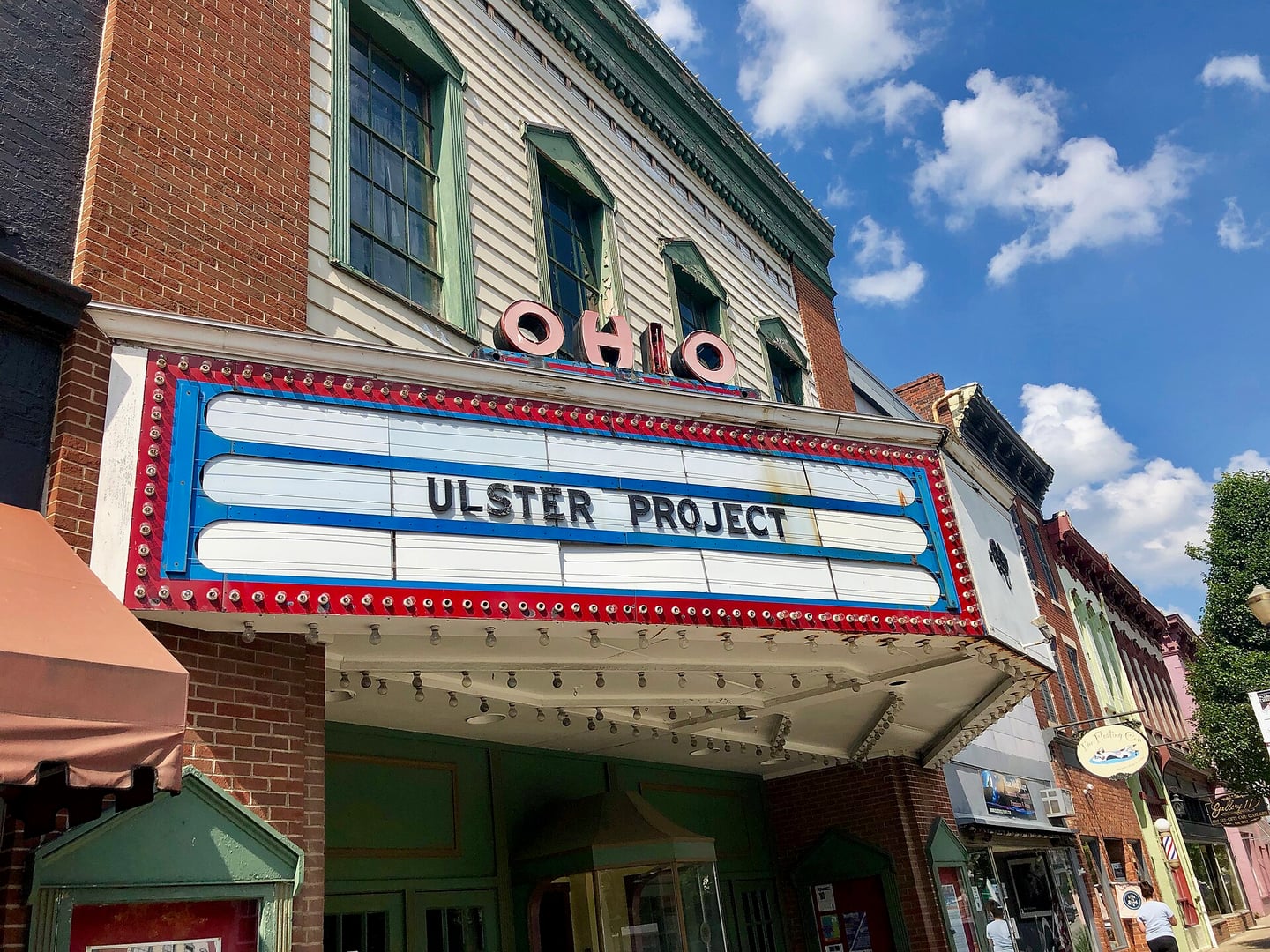 Colonial Revival marquee of the Historic Ohio Theatre on East Main Street in downtown Madison, Indiana